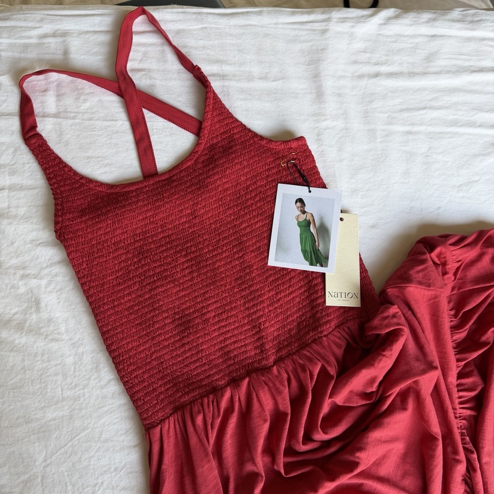 Nation Los Angeles Penelope Smocked Midi Stretch Dress Heartbeat Red XS NWT